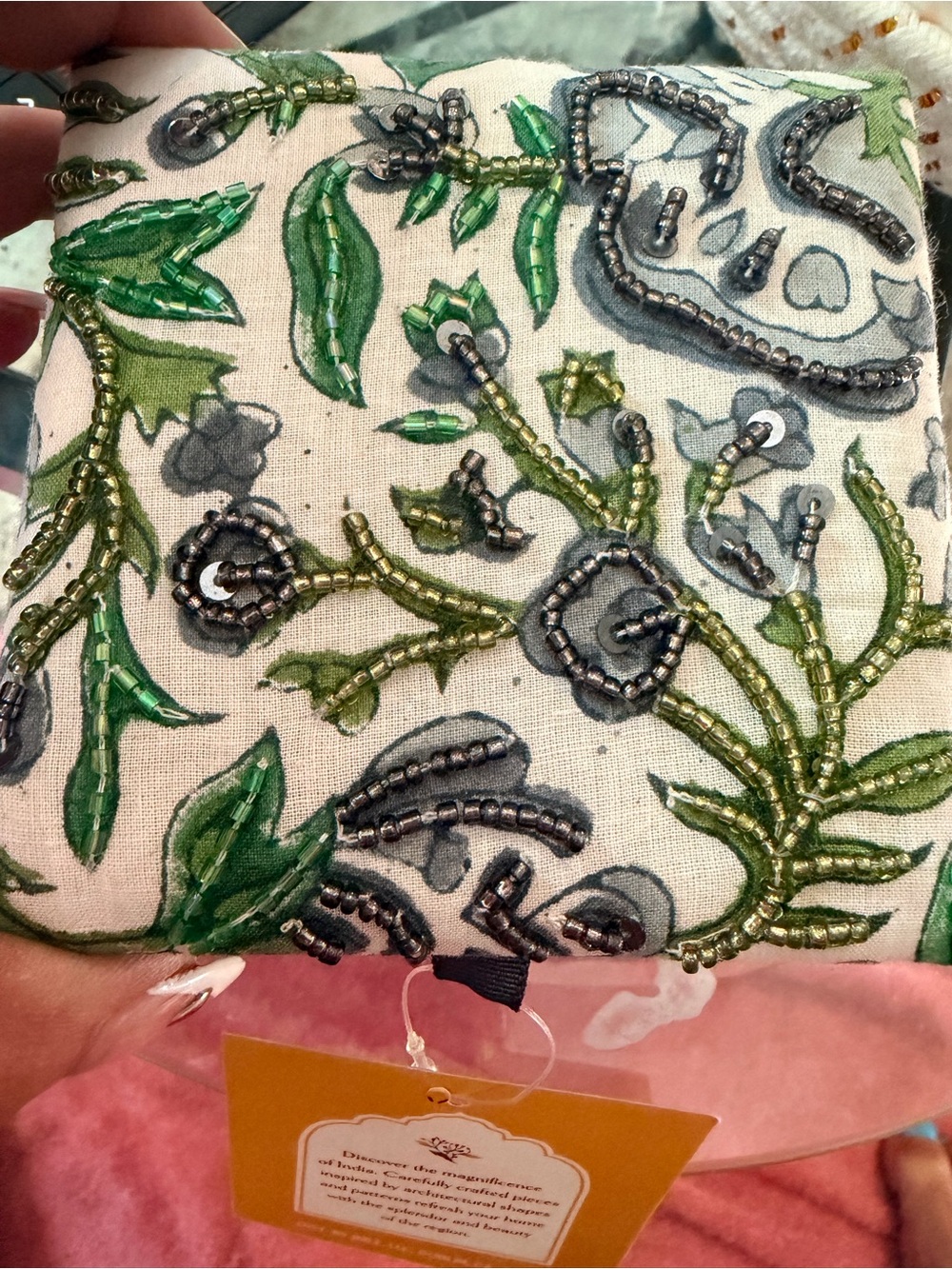 BEAUTIFUL HAND MADE Beaded Green Floral Embroidered Pouch hand made from India